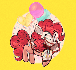 Size: 1933x1800 | Tagged: safe, artist:kimmypalazzo, character:pinkie pie, species:earth pony, species:pony, g4, balloon, clown, creepy, creepy smile, female, mare, simple background, smiling, solo, yellow background