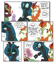 Size: 3587x4000 | Tagged: safe, artist:icey, character:autumn blaze, character:cinder glow, character:queen chrysalis, character:summer flare, species:changeling, species:kirin, g4, autumn blaze's puppet, blushing, changeling queen, colored hooves, comic, dialogue, eyebrows, female, floppy ears, hooves, open mouth, profile, speech bubble, text, three quarter view, twilog