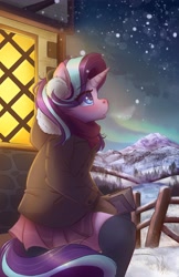 Size: 2650x4096 | Tagged: safe, artist:ardail, character:starlight glimmer, species:anthro, species:unicorn, g4, beautiful, blushing, book, clothing, earmuffs, eye clipping through hair, eyebrows, eyebrows visible through hair, female, fence, horn, jacket, mare, mittens, mountain, night, outdoors, scenery, skirt, sky, snow, snowfall, socks, solo, stars, stockings, tail, thigh highs