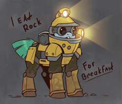 Size: 877x746 | Tagged: safe, artist:rexyseven, oc, oc only, species:pony, armor, clothing, crossover, deep rock galactic, dialogue, driller, gray background, helmet, simple background, solo, space suit, tail, text, video game, video game crossover