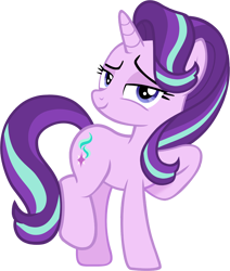 Size: 1500x1771 | Tagged: artist needed, source needed, safe, character:starlight glimmer, species:pony, species:unicorn, g4, blue eyes, female, full body, hoof on chest, hooves, horn, lidded eyes, looking at you, mare, multicolored hair, simple background, smiling, smiling at you, solo, standing, standing on two hooves, tail, transparent background