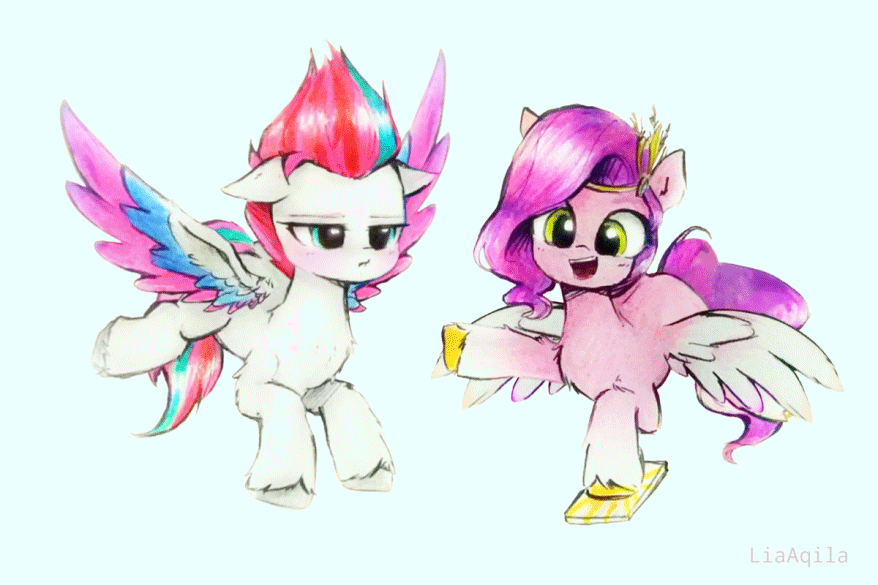 Size: 878x585 | Tagged: safe, artist:liaaqila, artist:szafir87, character:pipp petals, character:zipp storm, species:pegasus, species:pony, g5, my little pony: a new generation, adorapipp, adorazipp, animated, cellphone, cinemagraph, cute, duo, duo female, female, flying, gif, liaaqila is trying to murder us, mare, phone, pipp is amused, pipp wings, simple background, smartphone, szafir87 is trying to murder us, unamused, waving, wings, zipp is not amused