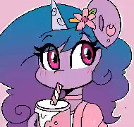 Size: 190x180 | Tagged: safe, artist:sakukitty, character:izzy moonbow, species:pony, species:unicorn, g5, my little pony: a new generation, animated, blinking, cherry blossoms, cup, digital art, eye clipping through hair, eyebrows, eyebrows visible through hair, female, flower, flower blossom, flower in hair, gif, gif for breezies, gradient hair, heart, loop, mare, multicolored hair, perfect loop, picture for breezies, pixel art, simple background, solo, straw, straw in mouth