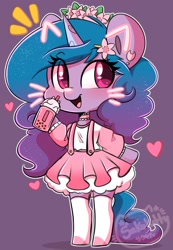 Size: 1417x2048 | Tagged: safe, artist:sakukitty, character:izzy moonbow, species:anthro, species:unguligrade anthro, species:unicorn, g5, my little pony: a new generation, arm hooves, blushing, clothing, colored pupils, cute, dress, female, floral head wreath, flower, flower in hair, food, gradient hair, heart, hoof hold, ice cream, izzybetes, looking at you, mare, multicolored hair, open mouth, open smile, purple background, simple background, skirt, smiling, solo, stockings, thigh highs