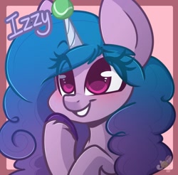 Size: 1242x1220 | Tagged: safe, artist:sakukitty, character:izzy moonbow, species:pony, species:unicorn, g5, my little pony: a new generation, ball, bust, childproof horn, colored hooves, cute, eye clipping through hair, eyebrows, eyebrows visible through hair, female, gradient hair, hooves, horn, hornball, izzy's tennis ball, izzybetes, mare, multicolored hair, pink background, raised hoof, simple background, smiling, solo, tennis ball, text, three quarter view, toy, unshorn fetlocks