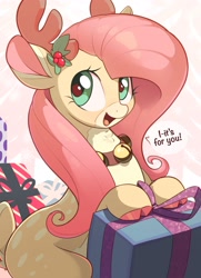 Size: 2000x2768 | Tagged: safe, artist:nookprint, character:fluttershy, species:deer, species:reindeer, g4, bell, bell collar, christmas, collar, deerified, dialogue, female, holiday, holly, looking sideways, open mouth, present, solo, text