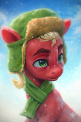Size: 720x1080 | Tagged: safe, artist:assasinmonkey, character:sprout, species:earth pony, species:pony, g5, my little pony: a new generation, christmas, clothing, colored eyebrows, eyebrows, hat, holiday, male, scarf, signature, sky, snow, solo, stallion, ushanka, winter, winter outfit