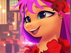 Size: 918x681 | Tagged: safe, artist:imalou, character:sunny starscout, species:earth pony, species:pony, g5, bust, colored eyebrows, cute, eyebrows, eyeshadow, female, flower, flower in hair, makeup, mare, open mouth, rose, solo, sunnybetes, wip