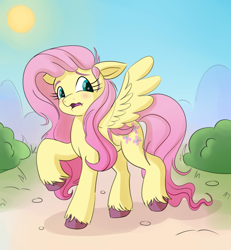 Size: 1280x1383 | Tagged: safe, artist:nedemai, character:fluttershy, species:pegasus, species:pony, g4, g5, bush, colored hooves, female, floppy ears, g4 to g5, generation leap, hooves, looking at self, looking sideways, mare, open mouth, outdoors, raised hoof, solo, spread wings, standing, sun, unshorn fetlocks, wavy mouth, wings