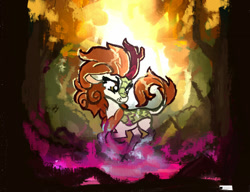 Size: 1280x982 | Tagged: safe, artist:megalura, character:autumn blaze, species:kirin, g4, female, forest, solo, worried