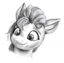 Size: 1280x1258 | Tagged: safe, artist:nedemai, character:sunny starscout, species:earth pony, species:pony, g5, bust, eyebrows, female, grayscale, mare, monochrome, portrait, simple background, smiling, solo, white background