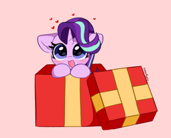 Size: 5738x4625 | Tagged: safe, artist:kittyrosie, character:starlight glimmer, species:pony, species:unicorn, g4, box, christmas, cute, floating heart, glimmerbetes, heart, holiday, open mouth, pink background, pony in a box, signature, simple background