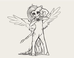 Size: 3952x3096 | Tagged: safe, artist:miokomata, character:fluttershy, species:anthro, species:pegasus, species:unguligrade anthro, g4, belly button, female, floppy ears, freckles, freckleshy, grayscale, high res, looking at you, magic, mare, monochrome, solo, spread wings, staff, wings