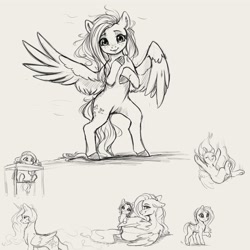 Size: 4000x4000 | Tagged: safe, artist:miokomata, character:fluttershy, character:princess celestia, oc, oc:mio, species:alicorn, species:pegasus, species:pony, g4, bipedal, cute, female, freckles, freckleshy, grayscale, highchair, looking at you, looking back, looking back at you, lying down, mare, monochrome, one wing out, open mouth, open smile, prone, shyabetes, simple background, sketch, sketch dump, smiling, smiling at you, wings