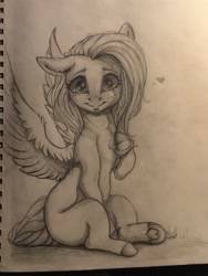 Size: 3024x4032 | Tagged: safe, artist:miokomata, character:fluttershy, species:pegasus, species:pony, g4, cute, female, floating heart, freckles, freckleshy, full face view, head turned, heart, high res, hoof heart, hoof on chest, hooves, looking at you, mare, missing cutie mark, monochrome, one ear down, pencil drawing, raised hoof, shyabetes, sitting, smiling, solo, spread wings, traditional art, underhoof, wings