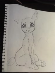 Size: 1536x2048 | Tagged: safe, artist:miokomata, species:earth pony, species:pony, g4, ear down, eyebrows, looking at you, one ear down, pencil drawing, sitting, smiling, smiling at you, solo, traditional art, underhoof