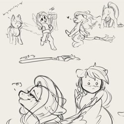 Size: 4000x4000 | Tagged: safe, artist:miokomata, character:fluttershy, character:rainbow dash, species:pegasus, species:pony, g4, bipedal, blushing, butt, cargo ship, cute, dancing, dialogue, dot eyes, duo, female, floating heart, floppy ears, flutterbutt, fluttermop, freckles, freckleshy, grayscale, heart, implied flutterdash, implied lesbian, implied shipping, mare, monochrome, mop, open mouth, plot, shipping, shyabetes, simple background, sketch, sketch dump, text, tongue out