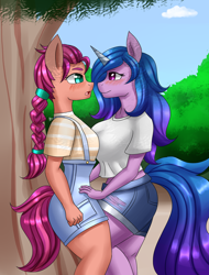 Size: 1600x2100 | Tagged: safe, artist:zachc, character:izzy moonbow, character:sunny starscout, species:anthro, species:earth pony, species:unicorn, ship:starbow, g5, my little pony: a new generation, blushing, braid, breasts, busty izzy moonbow, clothing, colored pupils, female, gradient hair, lesbian, looking at each other, mare, multicolored hair, open mouth, profile, shipping, tree