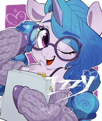 Size: 1276x1512 | Tagged: safe, artist:potetecyu_to, character:izzy moonbow, species:pony, species:unicorn, g5, my little pony: a new generation, bust, chest fluff, clothing, cute, eyebrows, eyebrows visible through hair, female, glasses, gradient mane, heart, izzybetes, looking at you, mare, multicolored hair, name, off shoulder, off shoulder sweater, one eye closed, open mouth, open smile, portrait, round glasses, smiling, smiling at you, solo, sweater, wink, winking at you