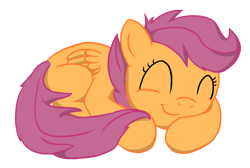 Size: 1223x820 | Tagged: safe, artist:twodeepony, character:scootaloo, species:pegasus, species:pony, g4, ^^, curled up, cute, cutealoo, dawwww, eyes closed, female, filly, folded wings, simple background, sleeping, smiling, solo, tail, transparent background, weapons-grade cute, wings, young
