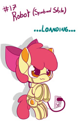 Size: 1000x1500 | Tagged: safe, artist:arielsbx, character:apple bloom, species:earth pony, species:pony, g4, adorabloom, apple bloom bot, apple family member, charging, clothing, costume, cute, female, filly, halloween, holiday, misspelling, robot, robot pony, simple background, solo, text, white background, young