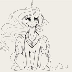 Size: 4000x4000 | Tagged: safe, artist:miokomata, character:princess celestia, species:alicorn, species:pony, g4, :i, absurd resolution, cross-popping veins, cute, cutelestia, female, grayscale, jewelry, looking at you, mare, monochrome, necklace, peytral, pouting, simple background, sitting, solo, vein, white background