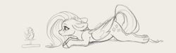 Size: 3456x1056 | Tagged: safe, artist:miokomata, character:fluttershy, species:bird, species:pegasus, species:pony, g4, ass up, cute, female, floppy ears, freckles, freckleshy, grayscale, looking at something, lying down, mare, monochrome, profile, prone, shyabetes, simple background, sketch, solo, white background