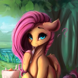 Size: 4000x4000 | Tagged: safe, artist:miokomata, character:fluttershy, species:pegasus, species:pony, g4, cute, eating, eyebrows, female, floppy ears, food, freckles, freckleshy, hoof hold, looking at you, mare, meat, ponies eating meat, question mark, shyabetes, solo