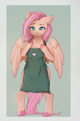 Size: 2140x3224 | Tagged: safe, artist:miokomata, character:fluttershy, species:pegasus, species:pony, g4, apron, barista, chest fluff, clothing, colored eyebrows, colored hooves, female, freckles, freckleshy, frown, high res, hooves, looking at you, mare, no pupils, semi-anthro, simple background, solo