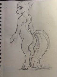 Size: 1536x2048 | Tagged: safe, artist:miokomata, species:pony, g4, bipedal, butt, floppy ears, grayscale, looking at you, looking back, looking back at you, monochrome, pencil drawing, plot, profile, solo, traditional art