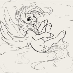 Size: 4000x4000 | Tagged: safe, artist:miokomata, character:fluttershy, species:pegasus, species:pony, g4, absurd resolution, aside glance, blushing, chest fluff, cute, daaaaaaaaaaaw, female, flying, freckles, freckleshy, grayscale, looking at you, mare, monochrome, open mouth, open smile, shyabetes, simple background, sketch, smiling, smiling at you, solo, spread wings, white background, wings