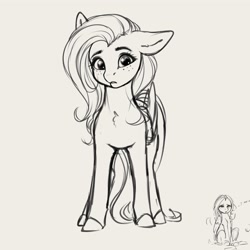 Size: 4000x4000 | Tagged: safe, artist:miokomata, character:fluttershy, species:pegasus, species:pony, g4, absurd resolution, cute, ear down, eyebrows, female, freckles, freckleshy, frown, gray background, grayscale, looking at you, mare, monochrome, one ear down, shyabetes, simple background, sitting, solo, teeth