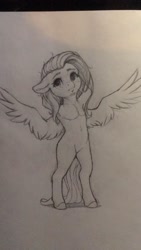 Size: 1152x2048 | Tagged: safe, artist:miokomata, character:fluttershy, species:pegasus, species:pony, g4, arm behind head, eyebrows, female, floppy ears, freckles, freckleshy, grayscale, looking away, mare, monochrome, pencil drawing, semi-anthro, solo, spread wings, traditional art, wings