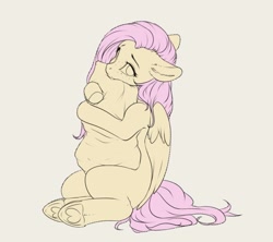 Size: 1027x910 | Tagged: safe, artist:miokomata, character:fluttershy, species:pegasus, species:pony, g4, cute, eyebrows, female, floppy ears, freckles, freckleshy, heart, heart hoof, hug, looking at you, mare, missing cutie mark, pillow, pillow hug, shyabetes, simple background, sitting, solo, underhoof, wings, wip