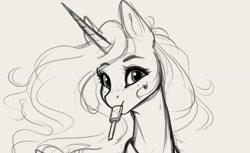 Size: 1985x1214 | Tagged: safe, artist:miokomata, character:princess celestia, species:alicorn, species:pony, g4, bust, eyebrows, eyebrows visible through hair, female, food, freckles, grayscale, holding, looking at you, mare, monochrome, mouth hold, popsicle, simple background, sketch, solo, white background