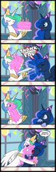 Size: 656x2000 | Tagged: safe, artist:madmax, character:princess celestia, character:princess luna, species:alicorn, species:pony, g4, birthday, cake, comic, cute, cutelestia, dialogue, female, food, foodplay, hug, lunabetes, mare, messy, nuzzling, open mouth, profile, speech bubble, text, traditional royal canterlot voice