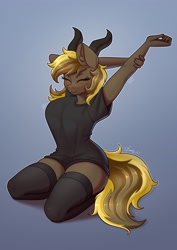 Size: 2480x3508 | Tagged: safe, artist:dandy, oc, oc only, species:anthro, blue background, blushing, breasts, busty oc, clothing, commission, ear fluff, explicit source, eyes closed, female, horns, mare, shirt, shorts, simple background, socks, solo, stockings, stretching, tail, thigh highs