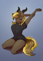 Size: 2480x3508 | Tagged: safe, artist:dandy, oc, oc only, species:anthro, blue background, blushing, breasts, busty oc, clothing, commission, ear fluff, explicit source, eyes closed, female, horns, mare, shirt, shorts, simple background, solo, stretching, tail