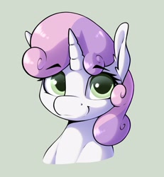 Size: 2675x2899 | Tagged: safe, artist:aquaticvibes, character:sweetie belle, species:pony, species:unicorn, g4, bust, cute, diasweetes, female, filly, green background, horn, implied sweetie bot, looking at you, portrait, simple background, smiling, solo, young