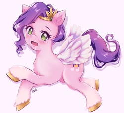 Size: 1977x1813 | Tagged: safe, artist:moh_mlp2, character:pipp petals, species:pegasus, species:pony, g5, my little pony: a new generation, adorapipp, blushing, circlet, coat markings, colored eyebrows, colored hooves, cute, eyebrows, female, flying, hooves, looking at you, mare, no pupils, open mouth, pipp wings, signature, simple background, socks (coat marking), solo, spread wings, unshorn fetlocks, white background, wings