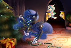 Size: 1499x999 | Tagged: safe, artist:aurarrius, character:princess celestia, character:princess luna, species:alicorn, species:pony, species:unicorn, g4, bondage, christmas, christmas lights, christmas tree, clothing, cute, entangled, ethereal mane, featured on derpibooru, female, galaxy mane, gritted teeth, holiday, hoof shoes, jewelry, laughing, lights, male, mare, necklace, open mouth, peytral, present, rearing, royal guard, shoes, smiling, stallion, stuck, tangled up, tree, wide eyes
