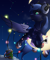 Size: 2500x3000 | Tagged: safe, artist:skitsroom, character:princess luna, species:alicorn, species:pony, g4, christmas, christmas lights, clothing, constellation, drink, earmuffs, female, food, holiday, hot chocolate, lights, mare, marshmallow, mug, outlet, profile, scarf, solo, spread wings, wings