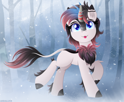 Size: 2700x2226 | Tagged: safe, artist:andaluce, oc, oc only, oc:winter nightsong, species:kirin, g4, blep, chest fluff, cute, female, forest background, high res, kirin oc, kirinbetes, non-pony oc, ocbetes, snow, snowfall, solo, tongue out