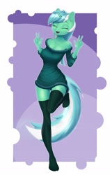 Size: 2400x3800 | Tagged: safe, artist:junglemango, character:lyra heartstrings, species:anthro, species:plantigrade anthro, species:unicorn, g4, abstract background, breasts, busty lyra heartstrings, cleavage, clothing, double peace sign, eyes closed, female, full body, high res, horn, mare, off shoulder, off shoulder sweater, open mouth, open smile, peace sign, smiling, socks, solo, stocking feet, stockings, sweater, thigh highs