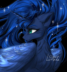 Size: 1280x1366 | Tagged: safe, artist:livitoza, character:princess luna, species:alicorn, species:pony, g4, beautiful, black background, chest fluff, colored eyebrows, ethereal mane, eyebrows, female, galaxy mane, high res, mare, profile, signature, simple background, solo