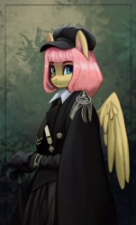 Size: 2372x3926 | Tagged: safe, artist:mrscroup, character:fluttershy, species:anthro, species:pegasus, species:pony, g4, alternate hairstyle, badass, clothing, colored eyebrows, digital art, eyebrows, female, flutterbadass, gloves, hat, looking at you, mare, military, military uniform, solo, three quarter view, uniform, wings