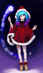 Size: 1500x2517 | Tagged: safe, artist:mrscroup, character:izzy moonbow, species:human, g5, my little pony: a new generation, abstract background, blushing, bracelet, christmas, clothing, eyebrows, eyebrows visible through hair, female, gradient hair, holiday, human coloration, humanized, jewelry, looking at you, magic, multicolored hair, shoes, signature, socks, solo, species swap, stockings, thigh highs, wand