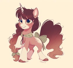 Size: 2722x2523 | Tagged: safe, artist:imalou, oc, oc only, species:pony, species:unicorn, g5, blaze (coat marking), bow, braid, coat markings, colored hooves, commission, cute, female, freckles, hair bow, hooves, mare, ocbetes, signature, simple background, smiling, socks (coat marking), solo, tail, tail bow, unshorn fetlocks