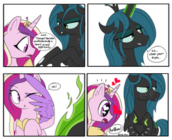 Size: 3442x2799 | Tagged: safe, artist:icey, character:princess cadance, character:queen chrysalis, species:changeling, species:pegasus, species:pony, g4, blushing, changeling queen, comic, cute, cutealis, cutedance, dialogue, eye clipping through hair, eyebrows, eyebrows visible through hair, female, heart eyes, profile, simple background, speech bubble, text, three quarter view, tsundalis, tsundere, white background, wingding eyes