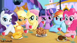 Size: 2560x1440 | Tagged: safe, artist:fadlihalimns, character:applejack, character:fluttershy, character:pinkie pie, character:rainbow dash, character:rarity, character:twilight sparkle, character:twilight sparkle (alicorn), species:alicorn, species:earth pony, species:pegasus, species:pony, species:unicorn, g4, chocolate, date, dating, digital art, donut, drink, eyebrows, eyebrows visible through hair, female, food, glass, lidded eyes, lip bite, looking at you, mane six, mare, muffin, relaxing, signature, smiling, smirk, table, wine glass